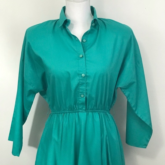 Vtg American Shirt Dress Teal Green Full Skirt - Picture 4 of 7